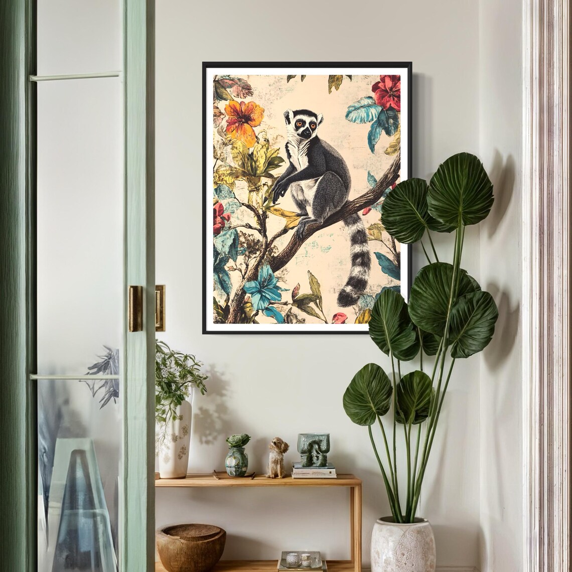 Ring Tailed Lemur Madagascar Tropical Flowers Branch Wildlife Poster - Image 4