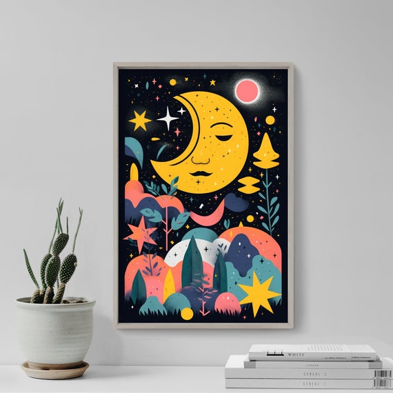 Nursery Holotone Moon And Stars 3 Art Print Poster Painting Museum Quality Giclee Home Wall Dcor
