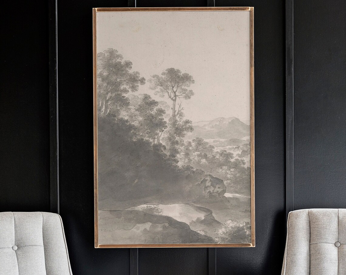 Black and White Vintage Nature Scene, Neutral Art Print