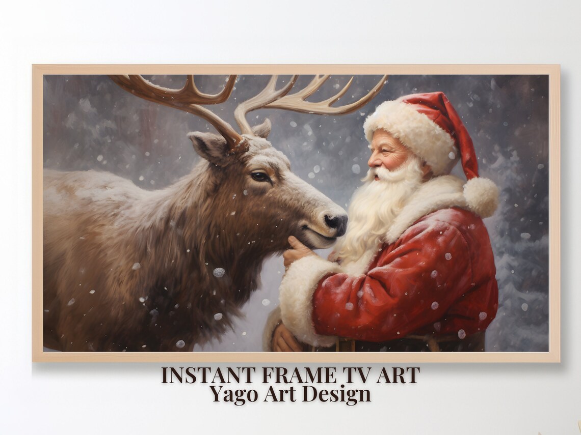 Santa Claus And Reindeer Snowy Embrace Vintage Christmas Wall Art