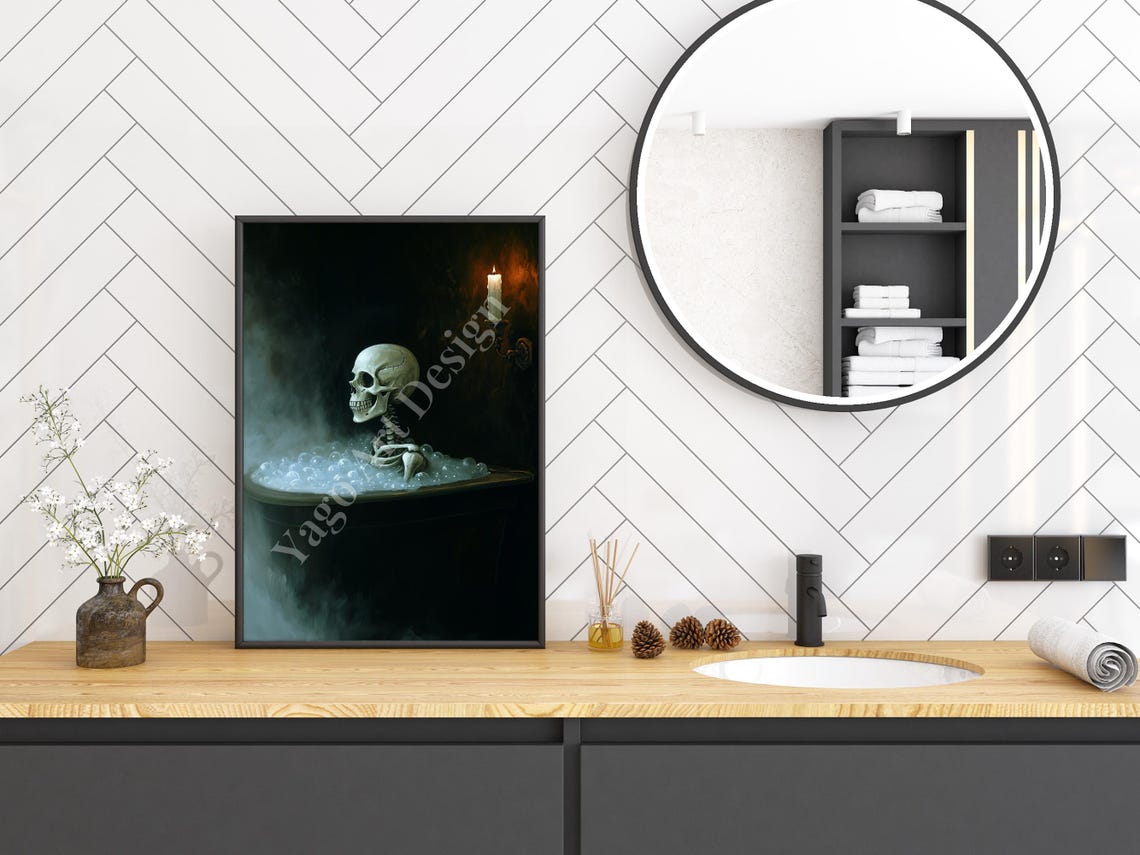 Skeleton Relaxing in Candlelit Bubble Bath Spooky Halloween Poster - Image 2