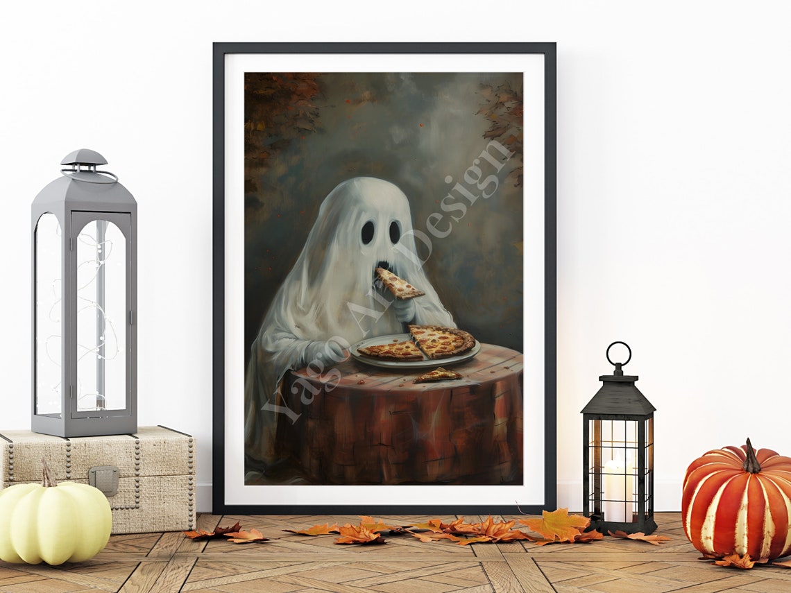 Ghost Eating Pizza Art Print Halloween Poster Dark Academia Wall Decor Haunting Ghost Ghost Eating Wall Art Kitchen Decor Cute Gift - Image 3