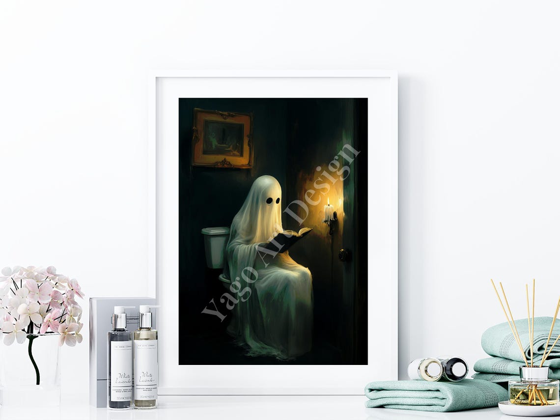 Cute Ghost Reading Book on Toilet by Candlelight Halloween Poster - Image 4