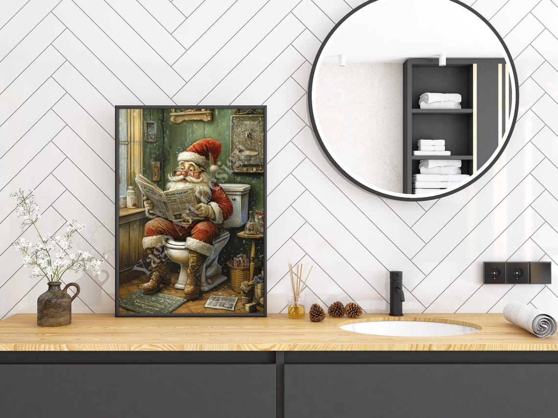 Santa Claus Reading Newspaper on Toilet Rustic Christmas Art Poster - Image 3