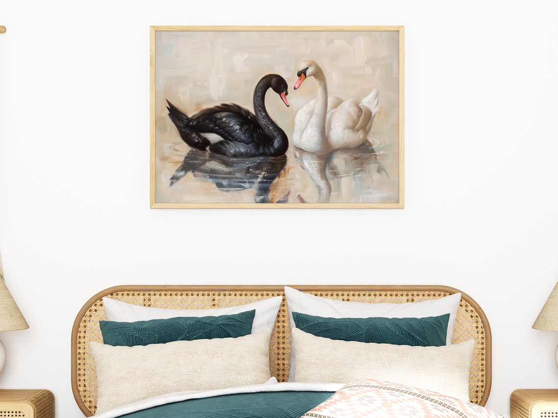 Black and White Swans Face to Face Elegant Oil Painting Poster - Image 2