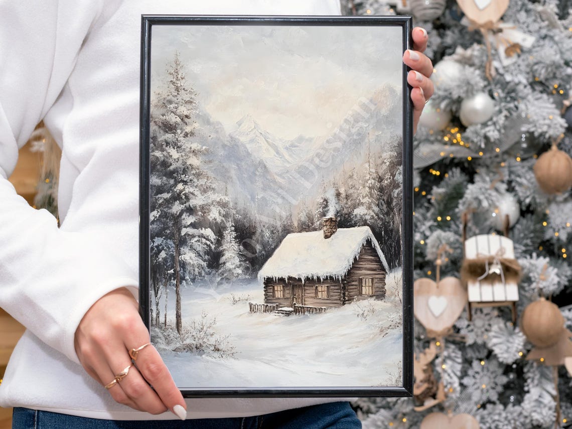 Snowy Winter Cabin in Mountain Forest Peaceful Christmas Poster - Image 4