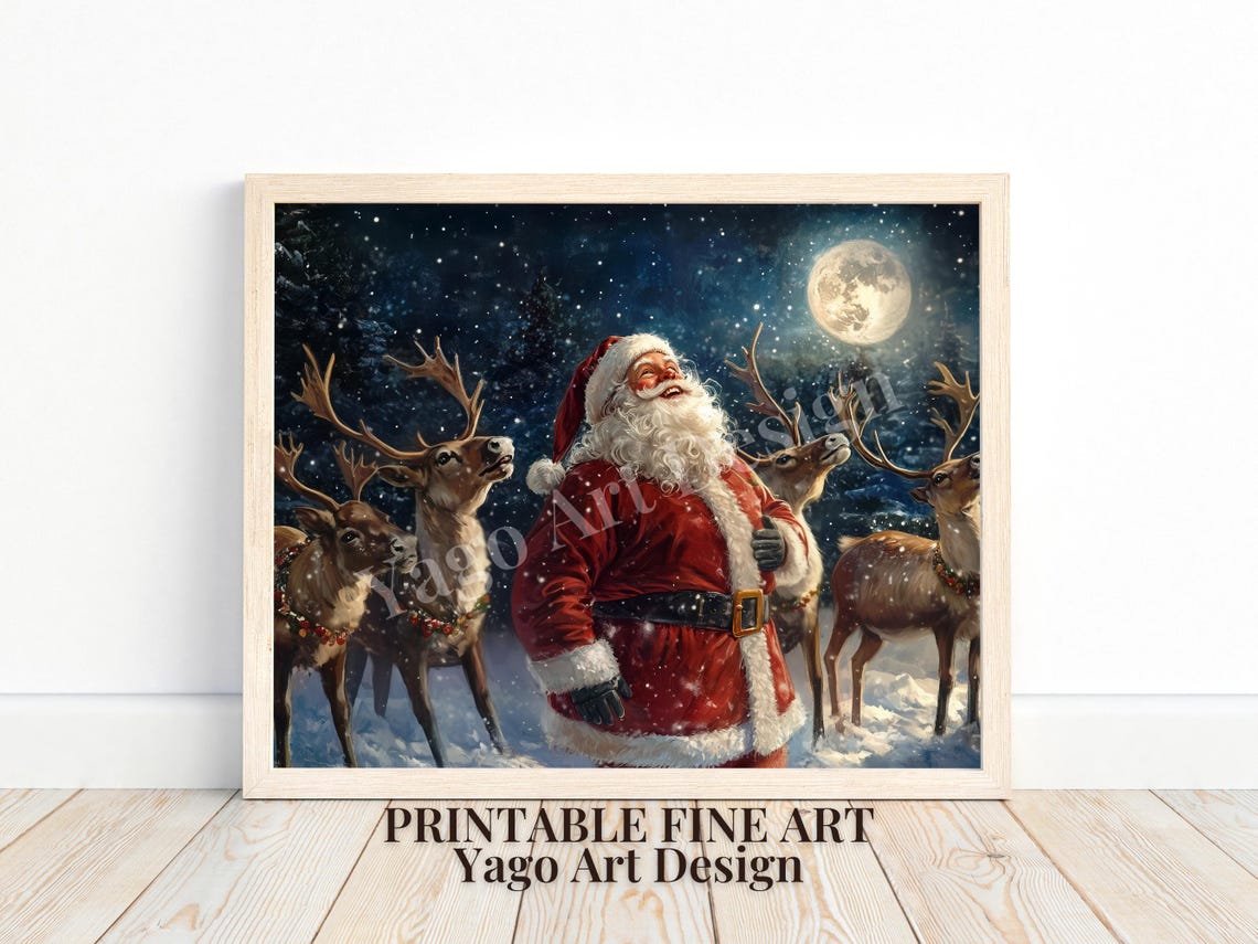 Santa Claus with Reindeer Under Moonlight Poster Night Sky Art