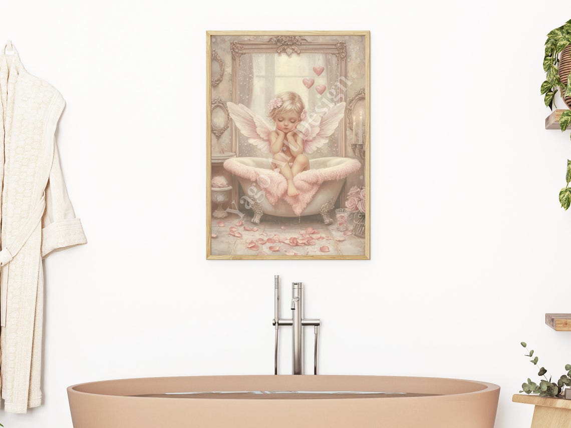 Cupid Angel Relaxing in Clawfoot Bathtub Valentine Bathroom Poster - Image 2