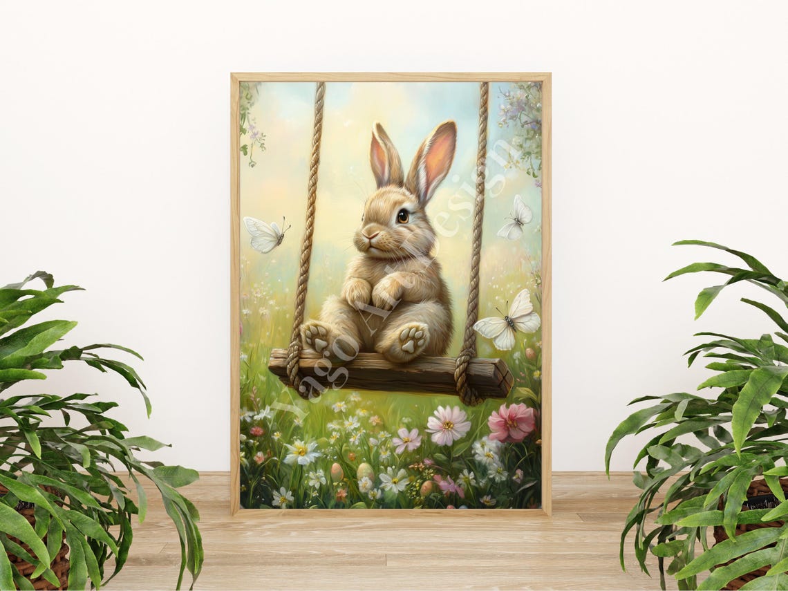 Bunny On Wooden Swing Spring Meadow Butterflies Wildflowers Poster - Image 3