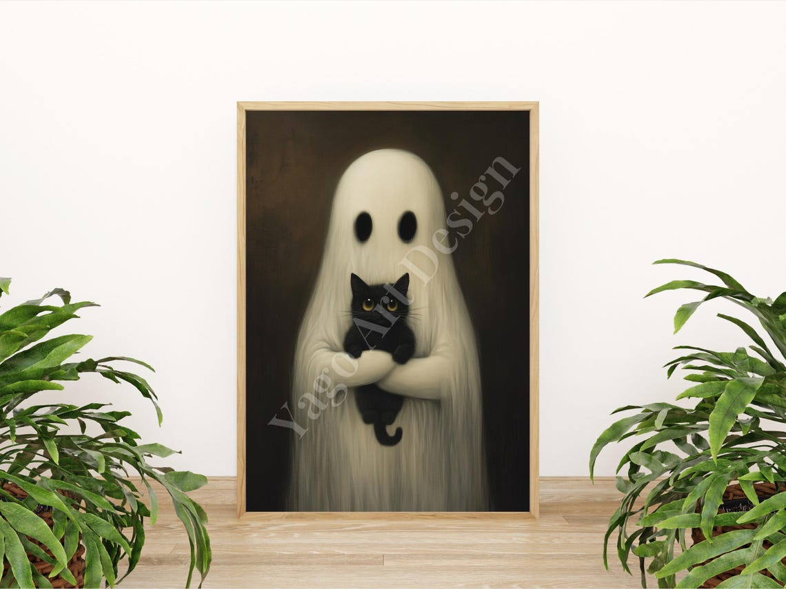 Ghost Holding Black Cat Art Print Dark Romantic Ghost Ghost Spooky Decor Cute Ghost Cat Wall Decor Nursery Halloween Art Poster - Image 2