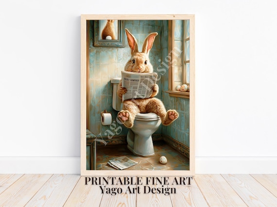 Easter Bunny On Toilet Reading Newspaper Funny Bathroom Poster