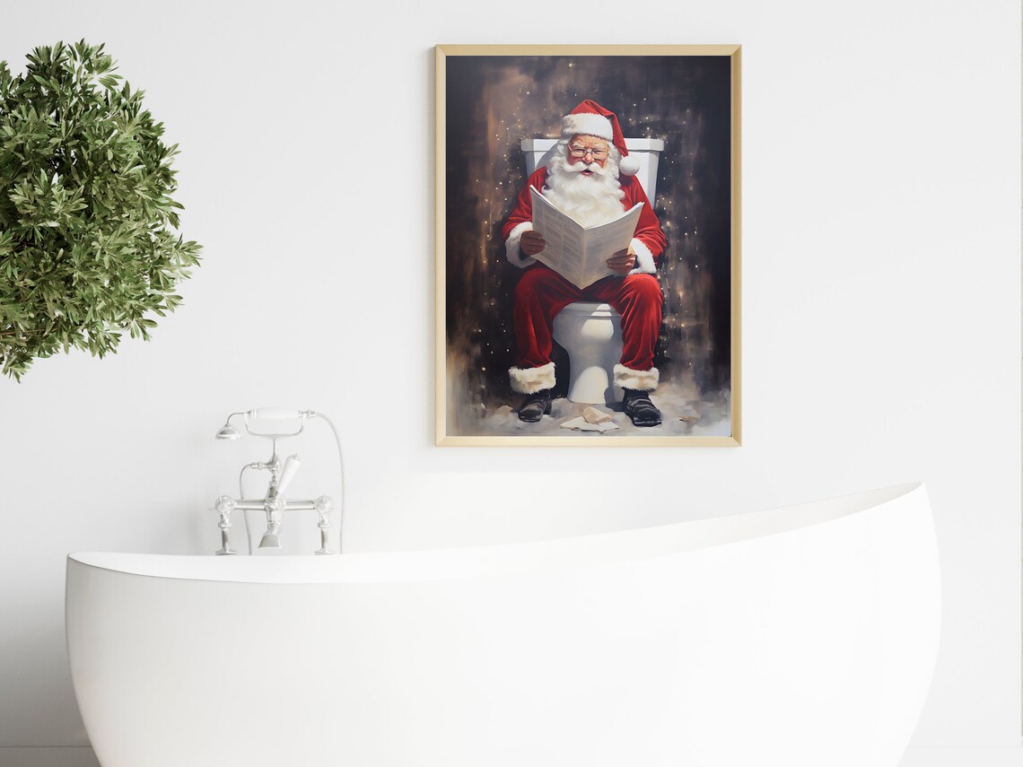 Funny Santa On Toilet Reading Newspaper Christmas Bathroom Print - Image 4