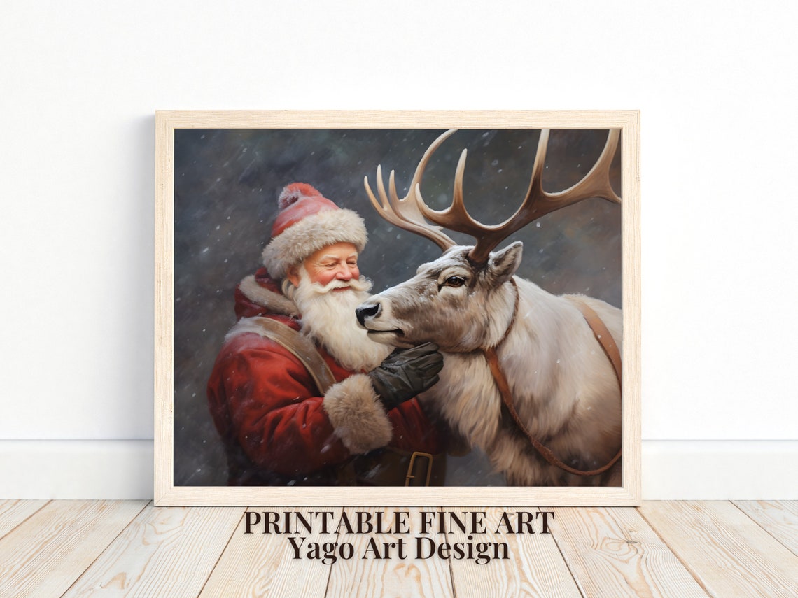 Santa Claus With Reindeer Tender Snowy Moment Christmas Wall Art