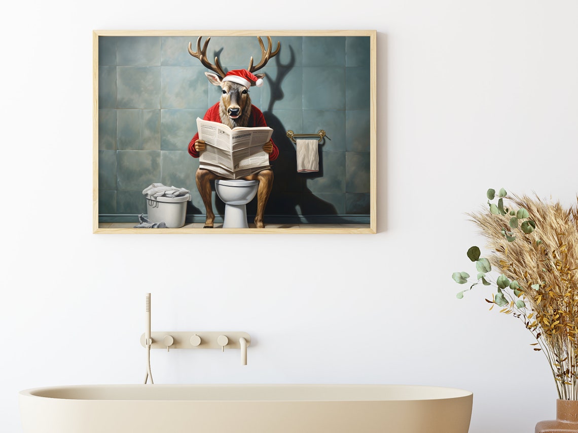 Reindeer on Toilet Reading Newspaper Funny Christmas Humor Poster - Image 3