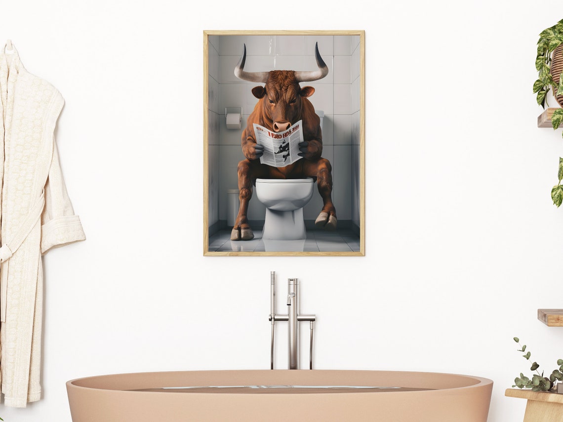 Funny Bull Reading Newspaper on Toilet Quirky Bathroom Art Poster - Image 3