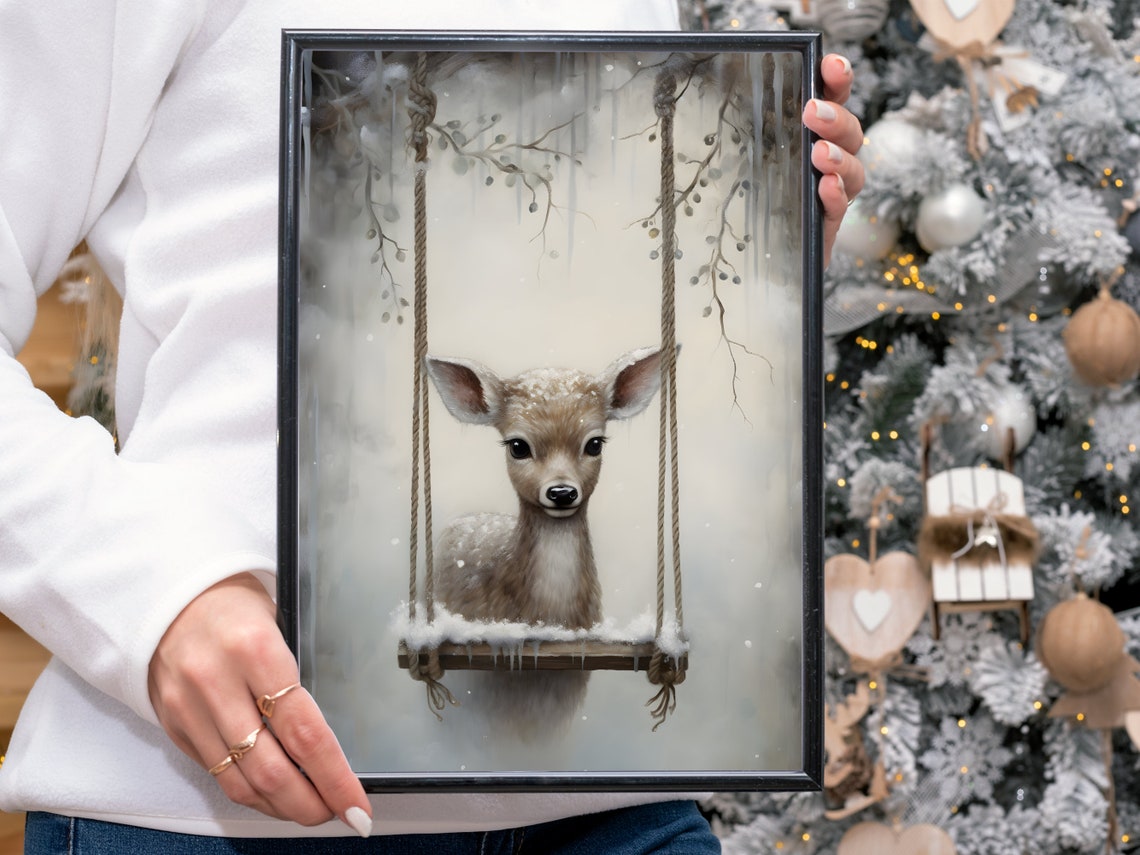 Baby Deer on Swing in Snowy Woods Cute Winter Animal Wall Art - Image 4