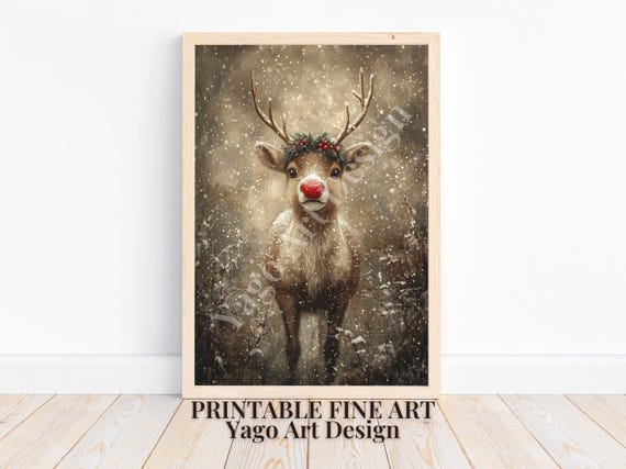 Portrait Of Rudolph Art Print Christmas Decor Oil Painting Rustic Christmas Art Cute Reindeer Decor Vintage Holiday Art Print