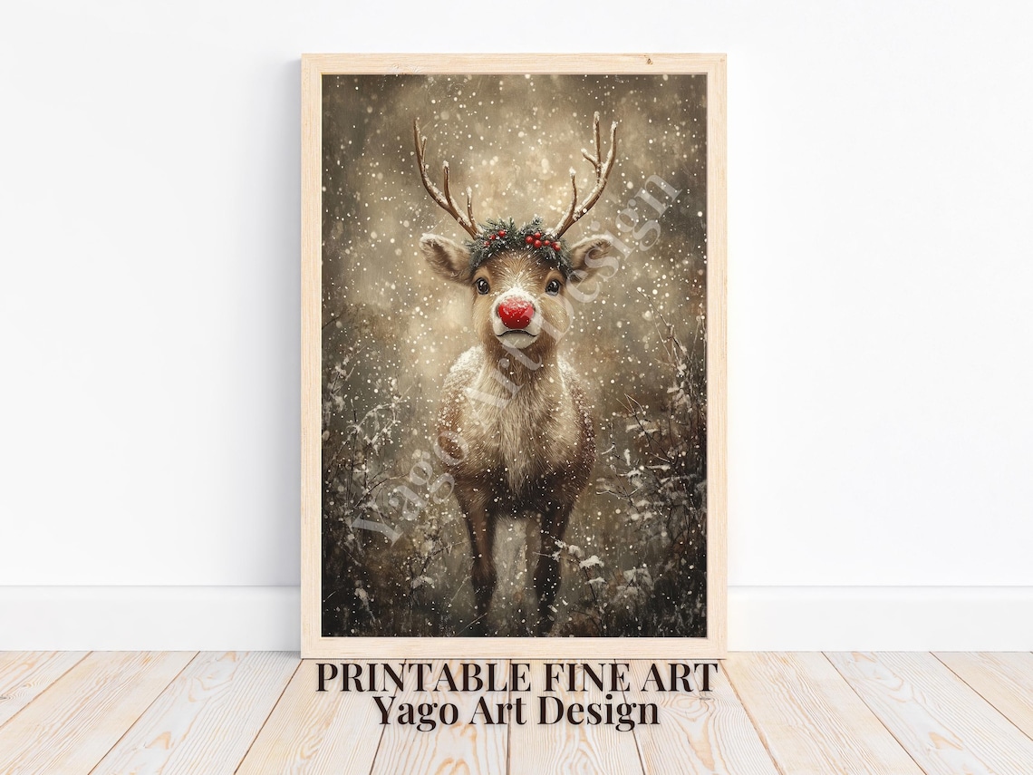 Rudolph Reindeer With Red Nose in Snowfall Christmas Portrait Poster