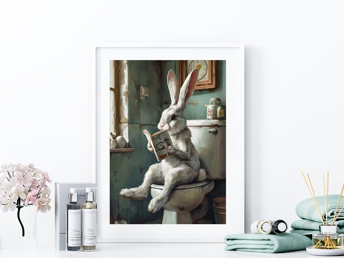 White Rabbit On Toilet Reading Newspaper Funny Bathroom Poster - Image 4