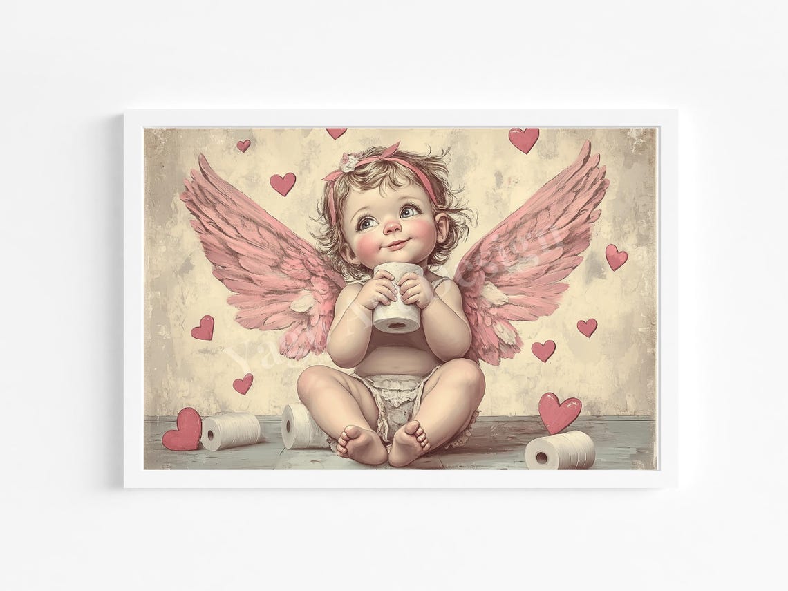 Cupid Baby Holding Toilet Paper Roll Hearts Funny Bathroom Poster - Image 3