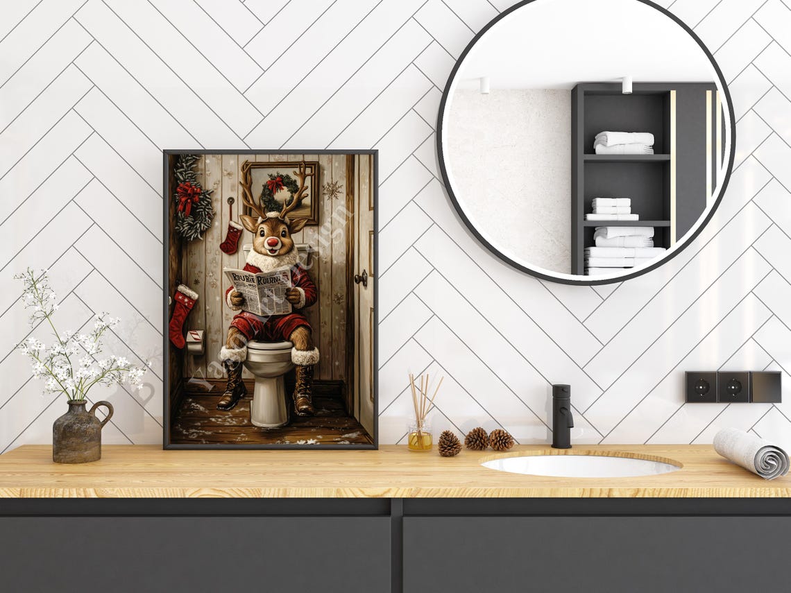 Rudolph on Toilet Reading Newspaper Poster Funny Christmas Decor - Image 3