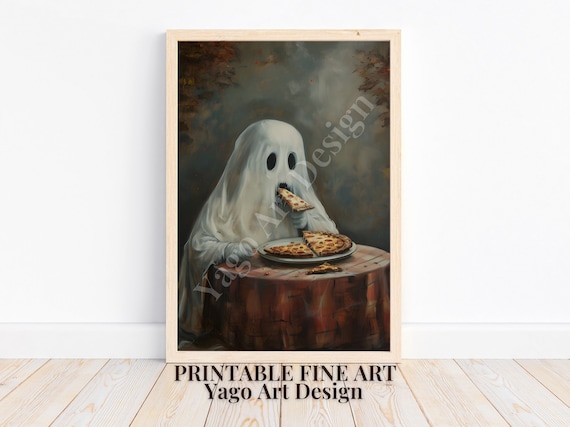 Cute Ghost Eating Pizza at Night Vintage Halloween Party Poster