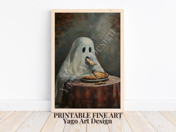 Ghost Eating Pizza Art Print Halloween Poster Dark Academia Wall Decor Haunting Ghost Ghost Eating Wall Art Kitchen Decor Cute Gift