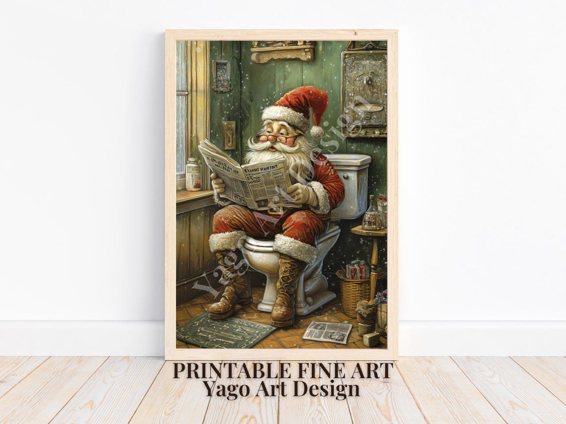 Santa Claus Reading Newspaper on Toilet Rustic Christmas Art Poster