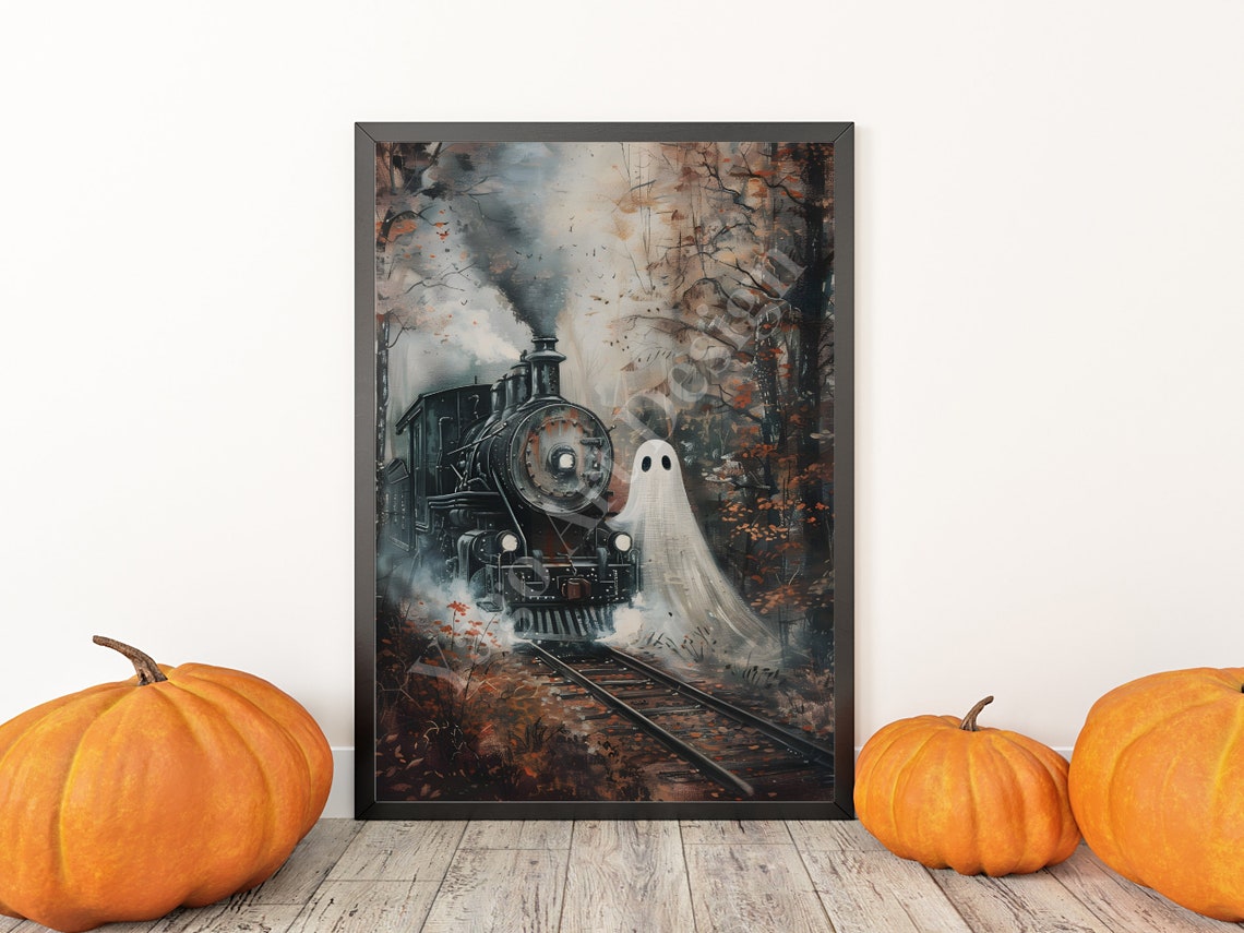 Ghost beside Steam Train in Autumn Forest Moody Halloween Poster - Image 3