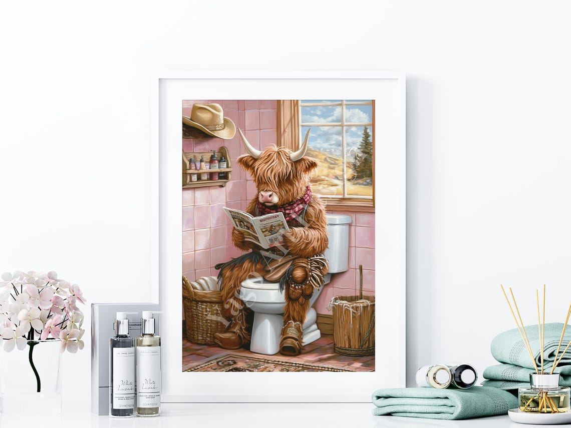 Cowgirl Highland Cow Sitting On Toilet Art Print Rustic Farmhouse Bathroom Decor Trendy Preppy Pink Toilet Poster Cute Western Cowgirl - Image 4