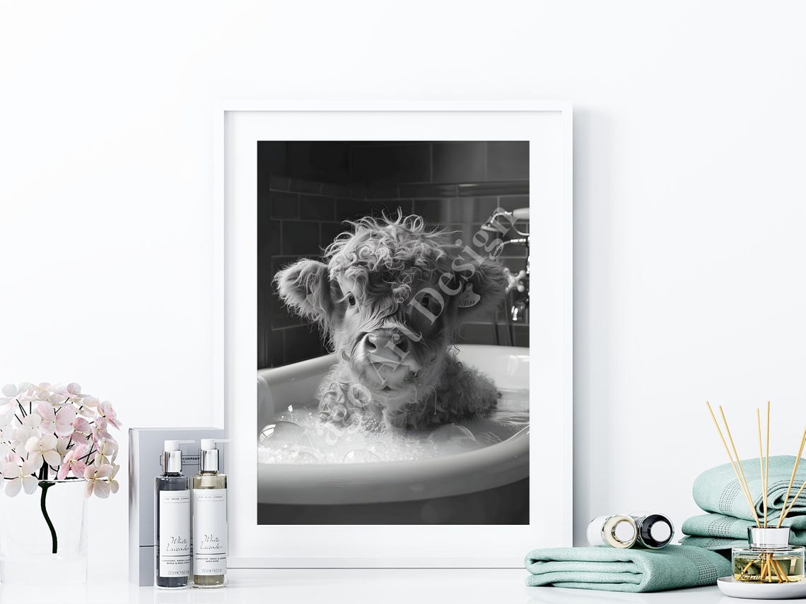Highland Cow Calf Bubble Bath Black White Farmhouse Cute Poster - Image 4