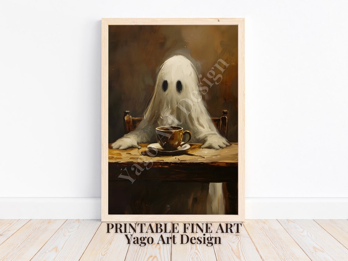 Moody Ghost with Morning Coffee Dark Oil Painting Halloween Poster