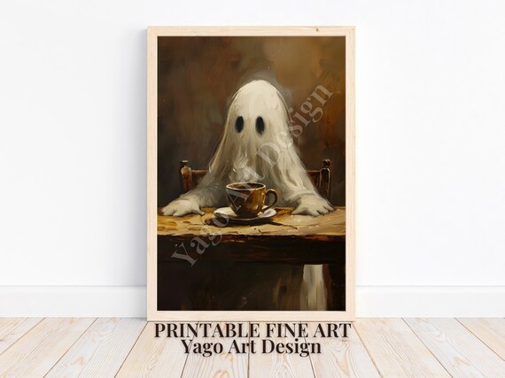 Moody Ghost with Morning Coffee Dark Oil Painting Halloween Poster