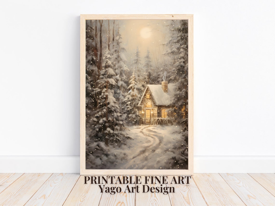 Cozy Cabin in Snowy Forest at Dusk Winter Landscape Wall Art