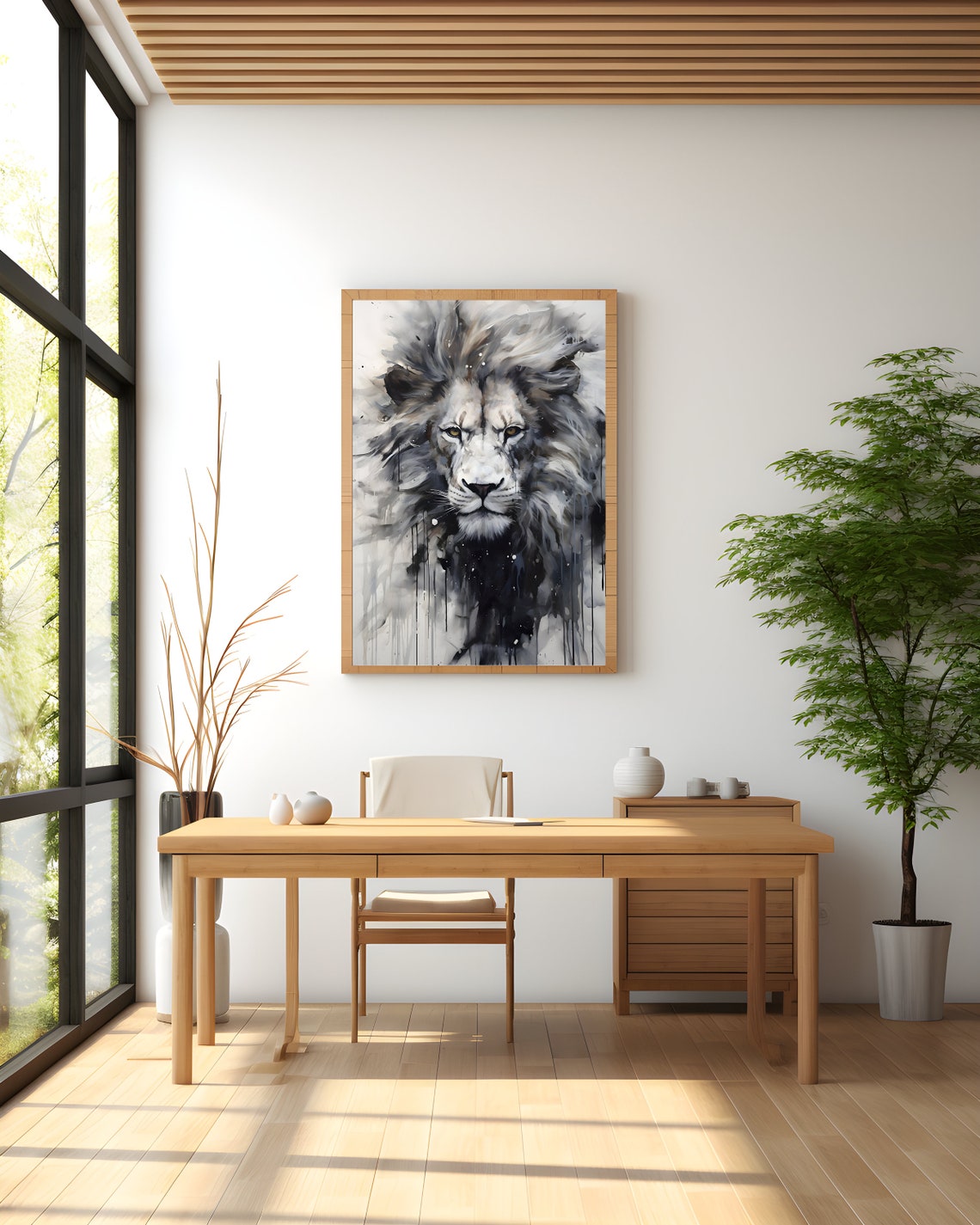 Monochrome Lion Face Dripping Ink Watercolor Wildlife Poster - Image 2