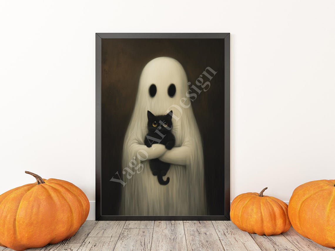 White Ghost Holding Black Cat Dark Romantic Halloween Art Poster - Image 3