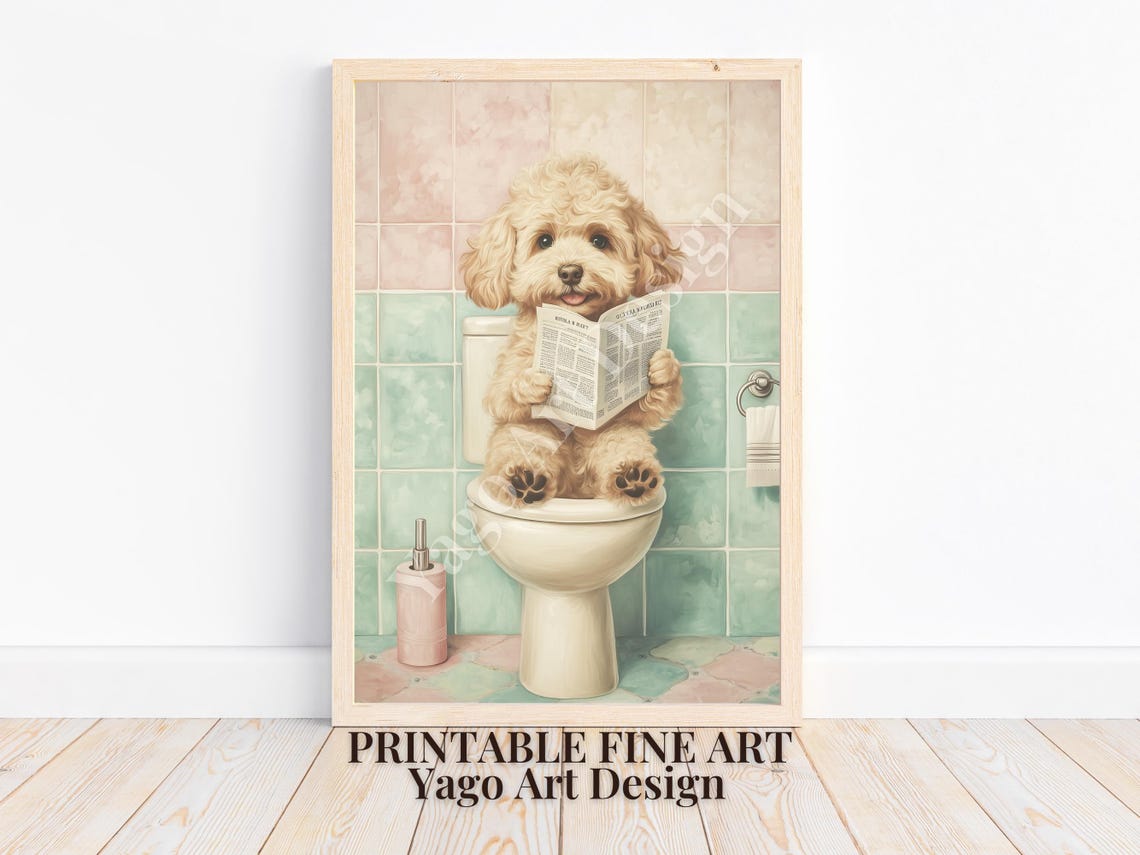 Goldendoodle Puppy Reading Newspaper on Toilet Pastel Bathroom Poster