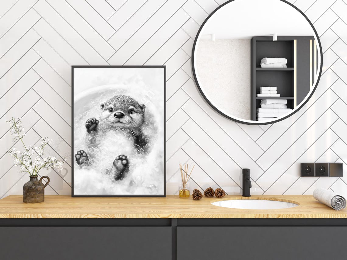 Baby Otter Bubble Bath Poster Minimalist Black White Nursery Art - Image 3