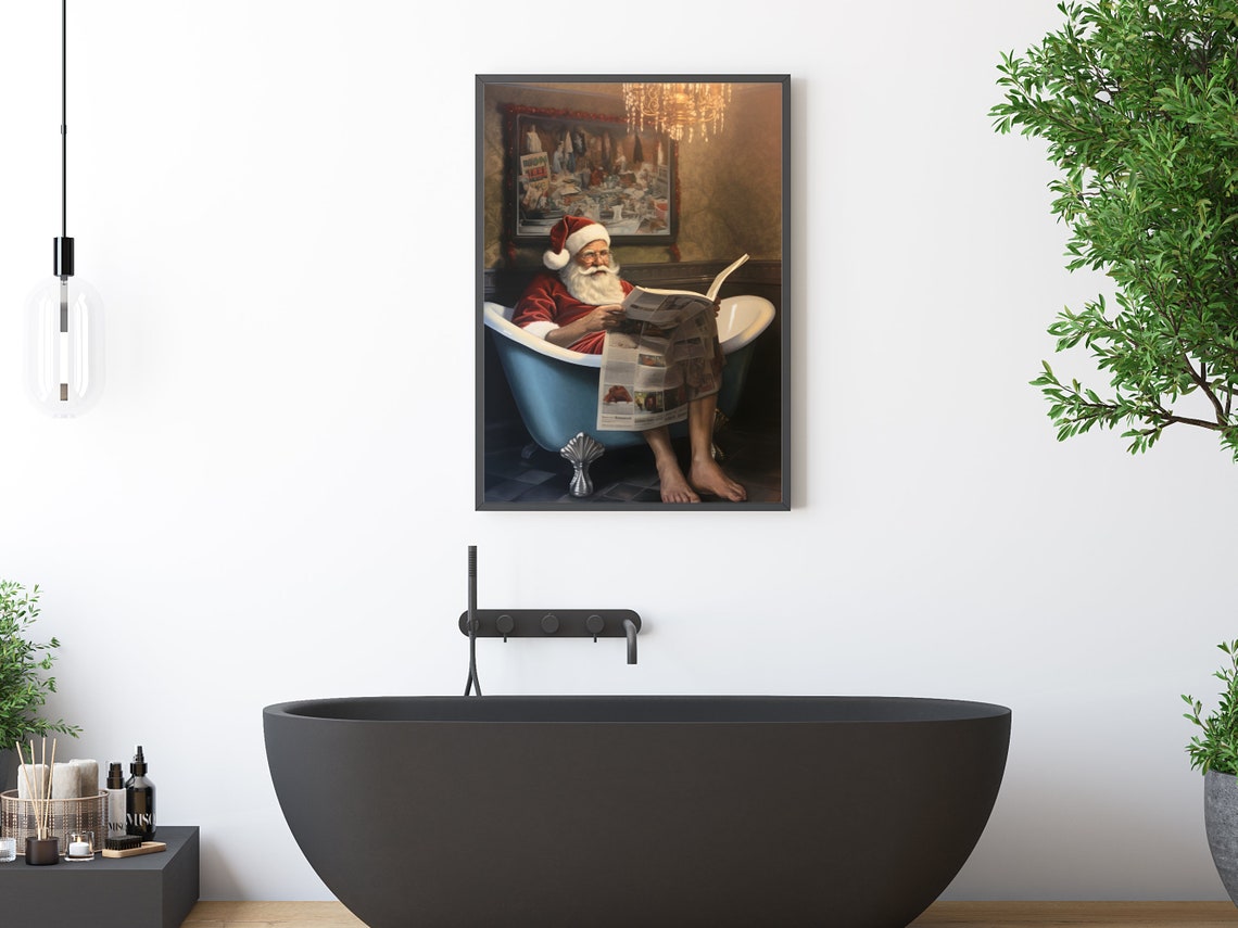 Santa In Blue Bathtub Reading Newspaper Funny Christmas Poster - Image 3