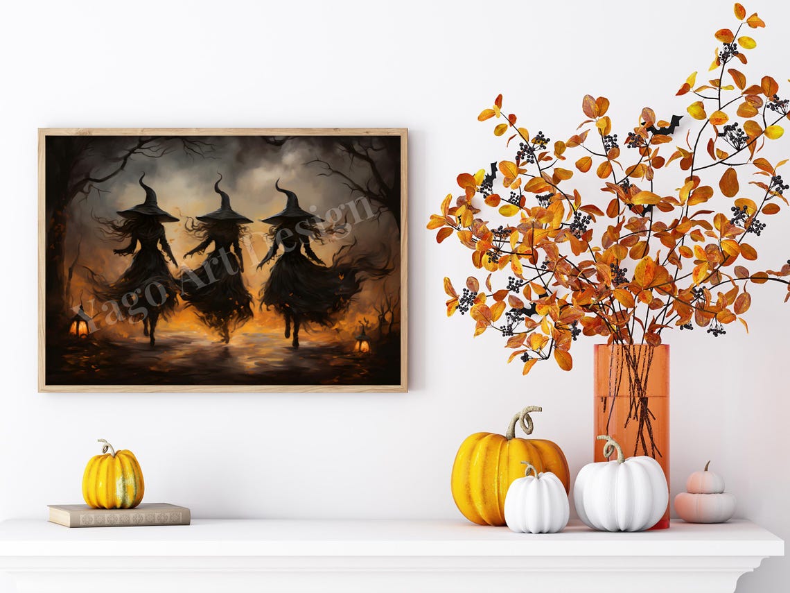 Three Witches Dancing Forest Lanterns Spooky Halloween Poster - Image 4