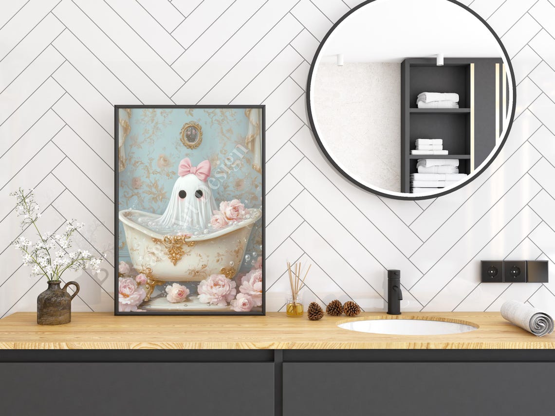 Cute Ghost with Pink Bow in Floral Bubble Bath Pastel Art Poster - Image 2