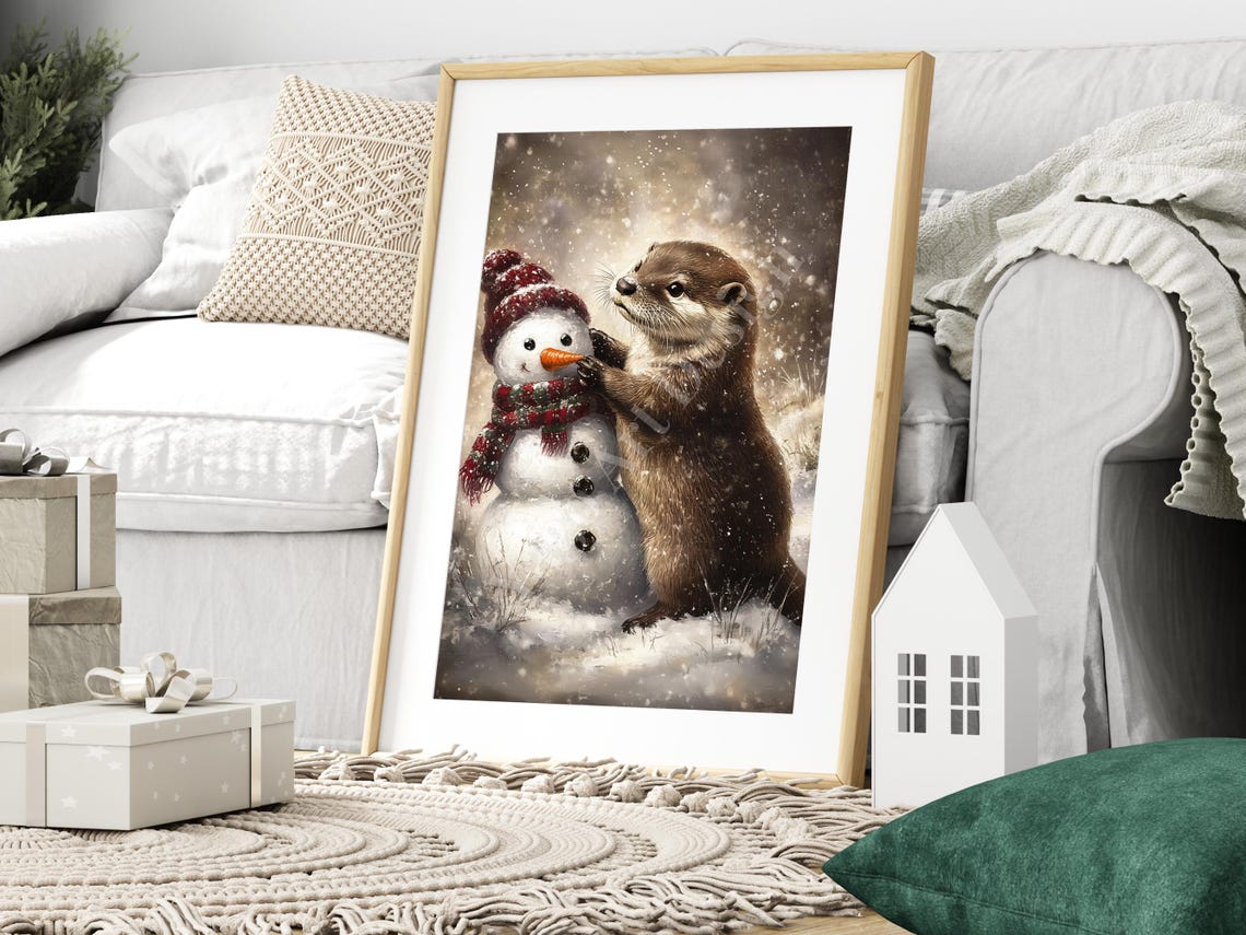 Otter with Snowman in Falling Snow Poster Cute Winter Scene Art - Image 3
