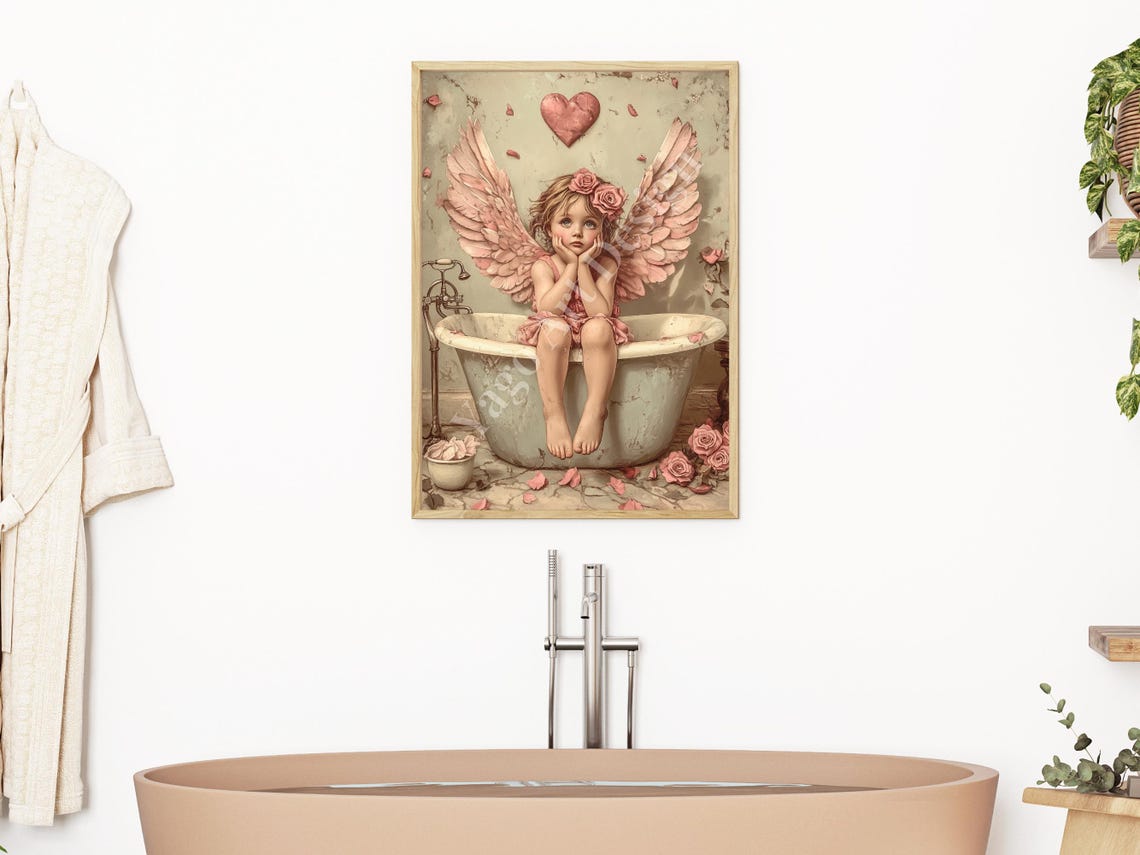 Pink Angel Girl In Bathtub Roses Heart Vintage Valentine Poster - Image 2