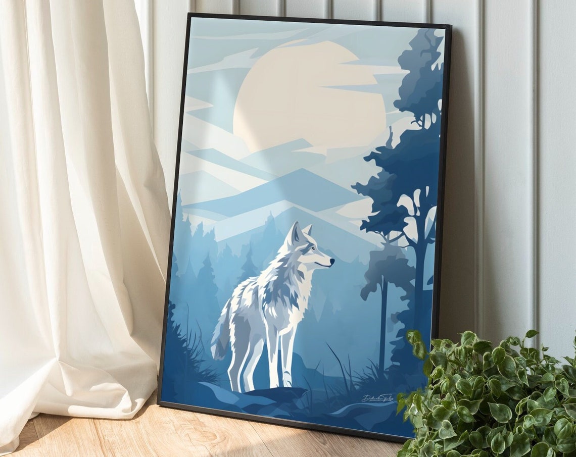 White Wolf Moonlit Blue Forest Wildlife Art Wall Decor Poster - Image 4