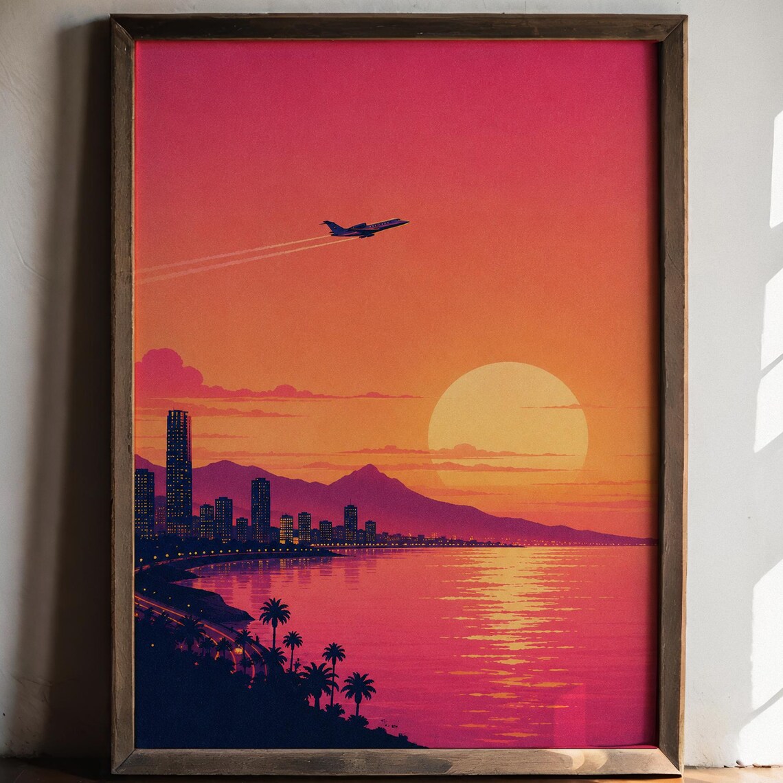 Retro Sunset Airplane Coastal City Palm Trees Travel Art Poster