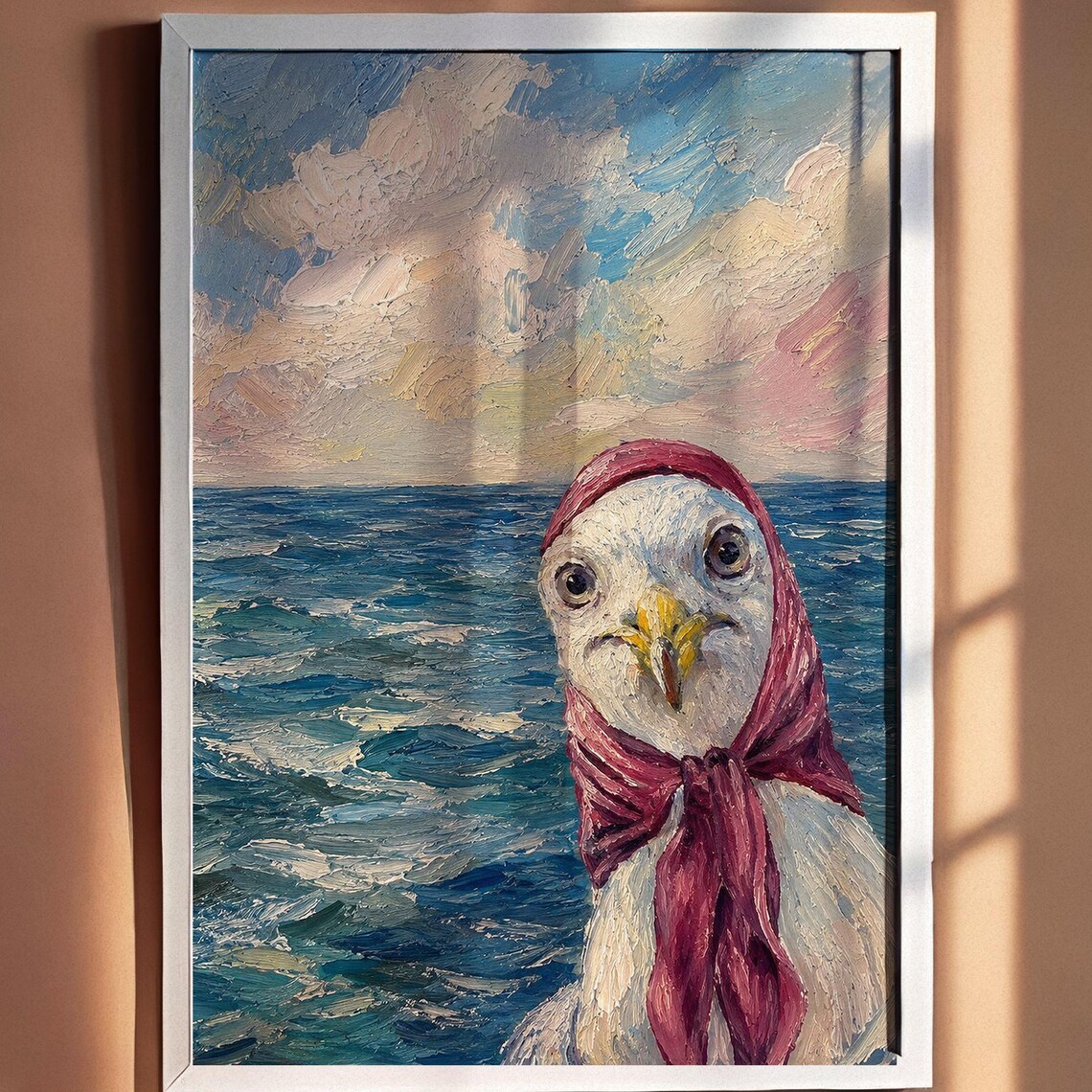 Seagull in Red Babushka Scarf Poster Funny Coastal Oil Painting Beach Bird Art