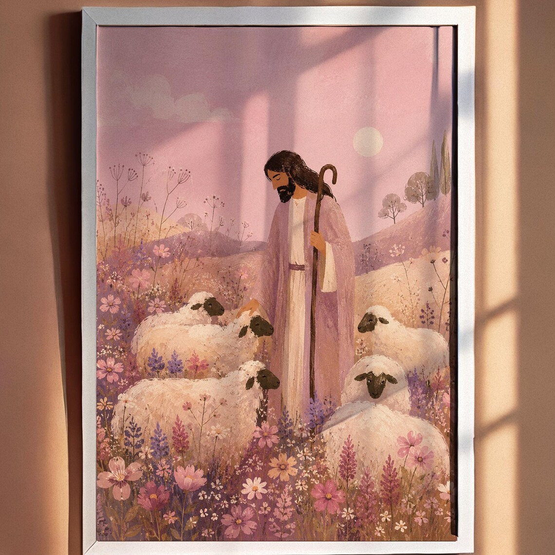 Good Shepherd Pastoral Art Print, Peaceful Meadow