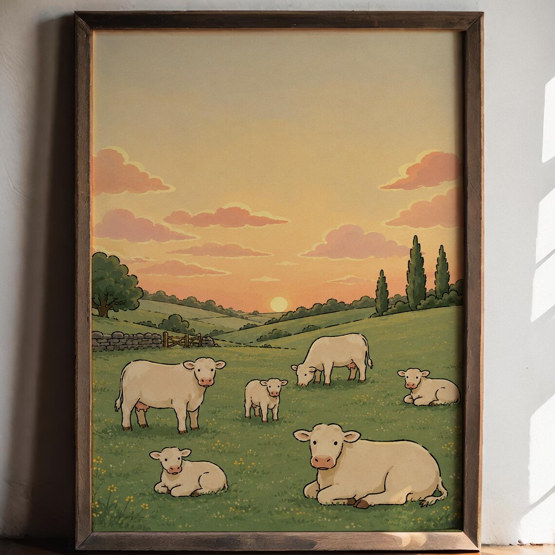 Cows in Sunset Meadow Pastel Farm Animal Kids Room Wall Poster