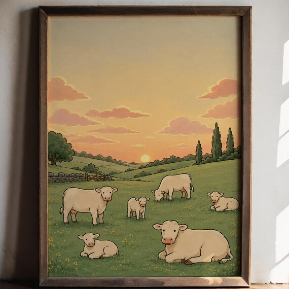 Cows in Sunset Meadow Pastel Farm Animal Kids Room Wall Poster