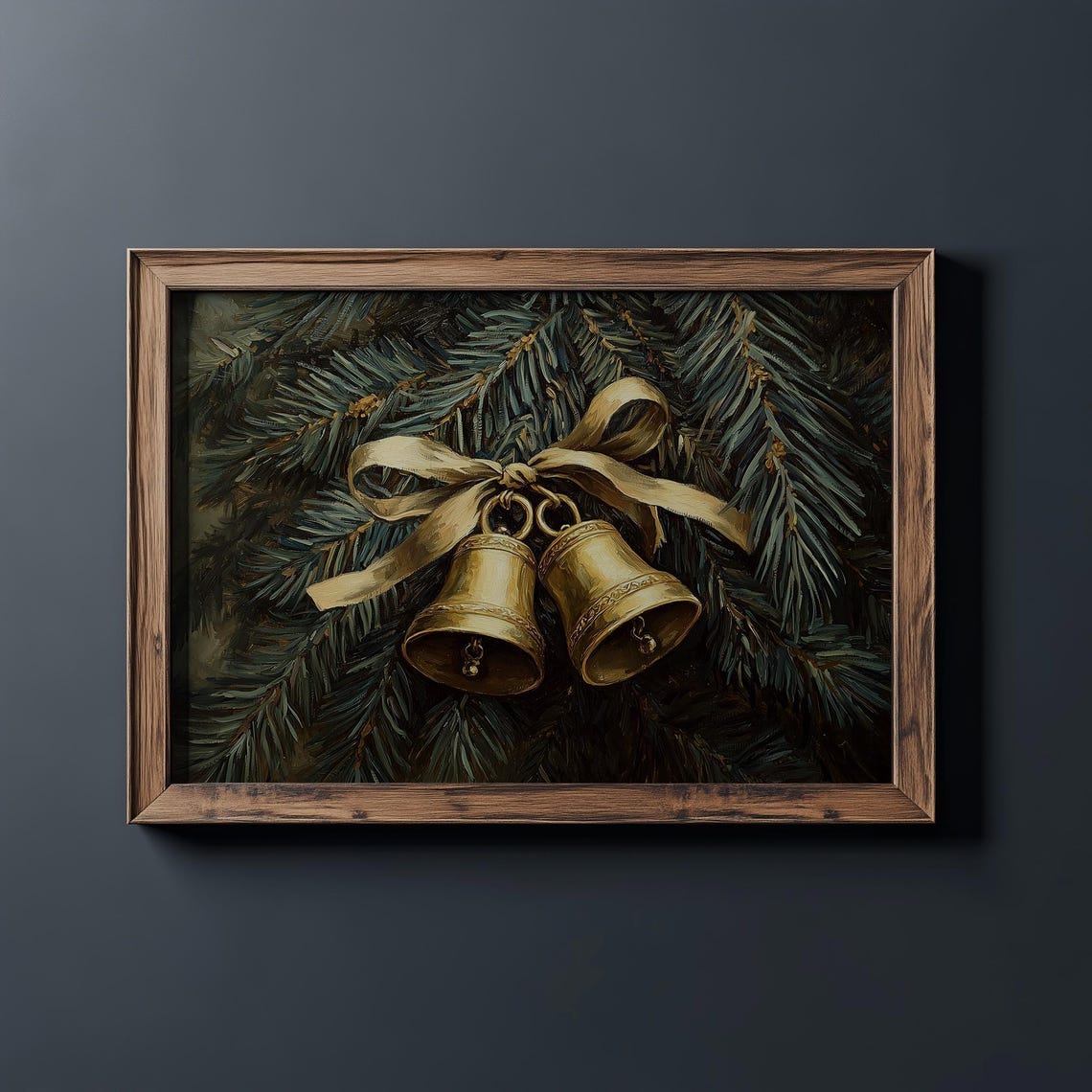 Brass Bells Gold Ribbon Poster Dark Pine Christmas Holiday Decor - Image 2